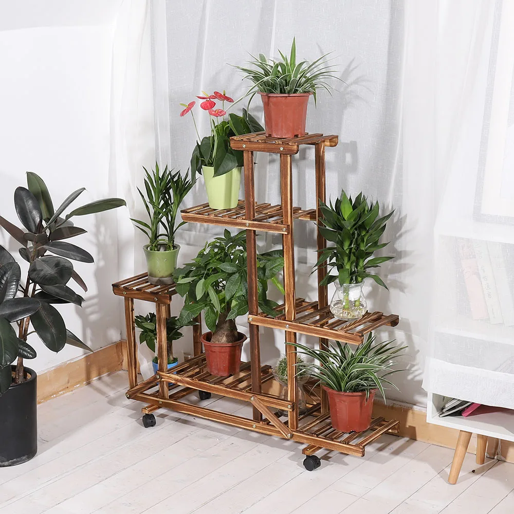 Деревянная подставка для растений UNHO с колесами, многоуровневая подвижная витрина для растений, цветов, полка для помещений, подвижная стойка для хранения, уличный держатель для растений