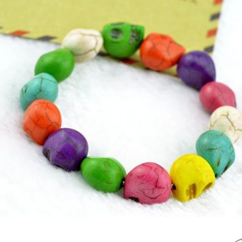 Natural Stone Men Women Skull Elastic Bracelet Lava Beads Tiger Eye Bangle