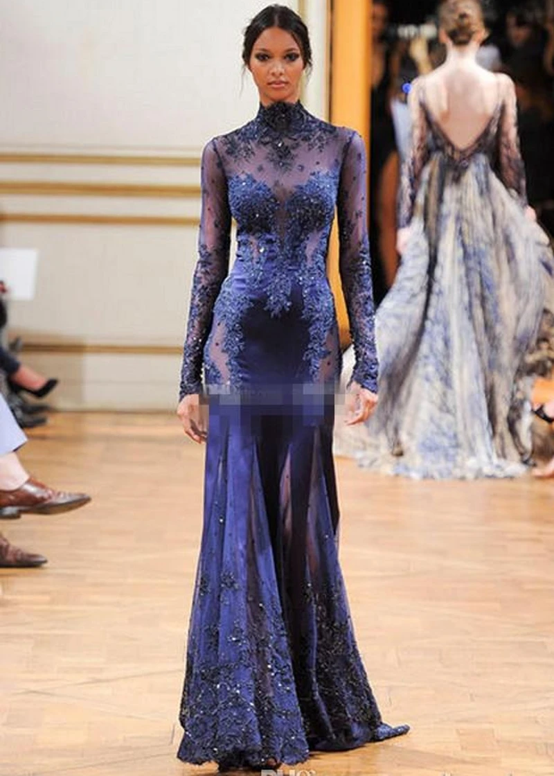 2023 Zuhair Murad High Neck Spitze Formale Abendkleid Lange Hülse Sehen-durch Perlen Appliques Prom Celebrity Kleider Navy blau