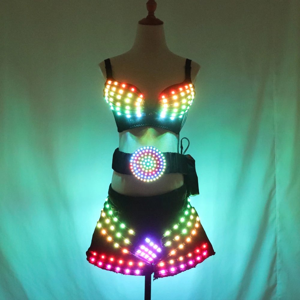 Full Color Led Luminous Light Party Skirt Sexy Girl Led Light Up Costumes With Led Belt Ballroom Dance Outfit DJ DS Bra Suit