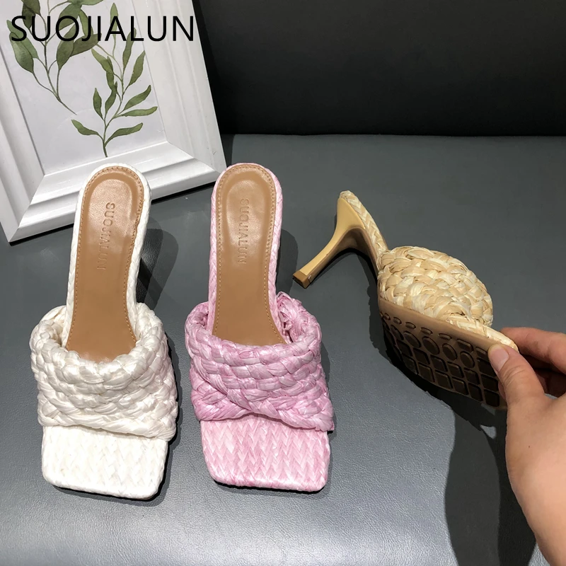 SUOJIALUN 2021 Fashion Brand Weave Women Slipper New Summer Ladies Slides Square Open Toe High Heel Mules Slip On  Sandal Shoes