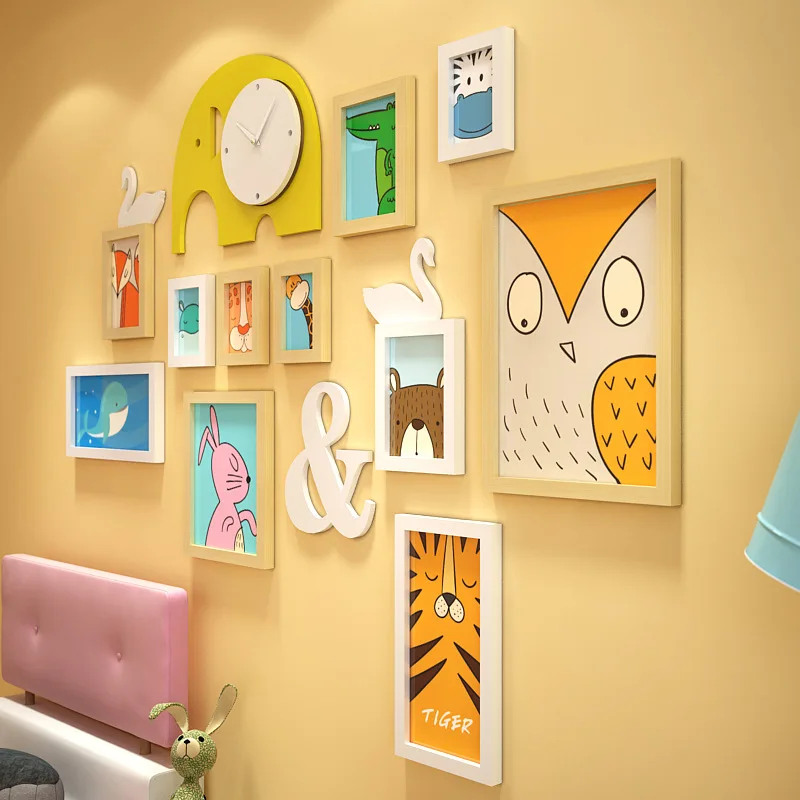 

NEW Boutique 15PCS Cartoon Children's Combination Photo Frame + Wall Clock Home Decoration Living Room Bedroom Study Decoration