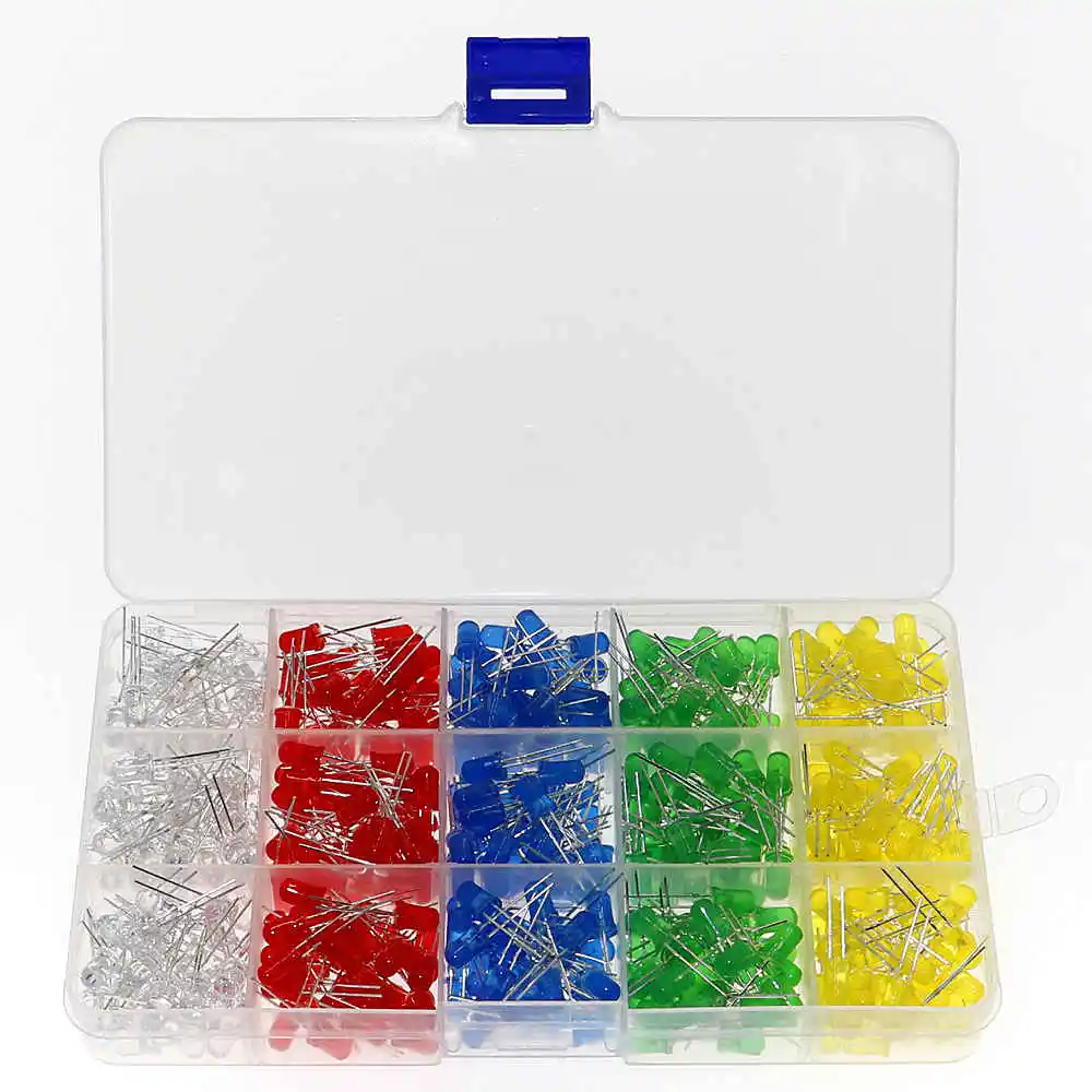 500pcs/Box 5Color x 100pcs 5MM LED Light White Yellow Red Blue Green DIY Assortment Diodes Kit