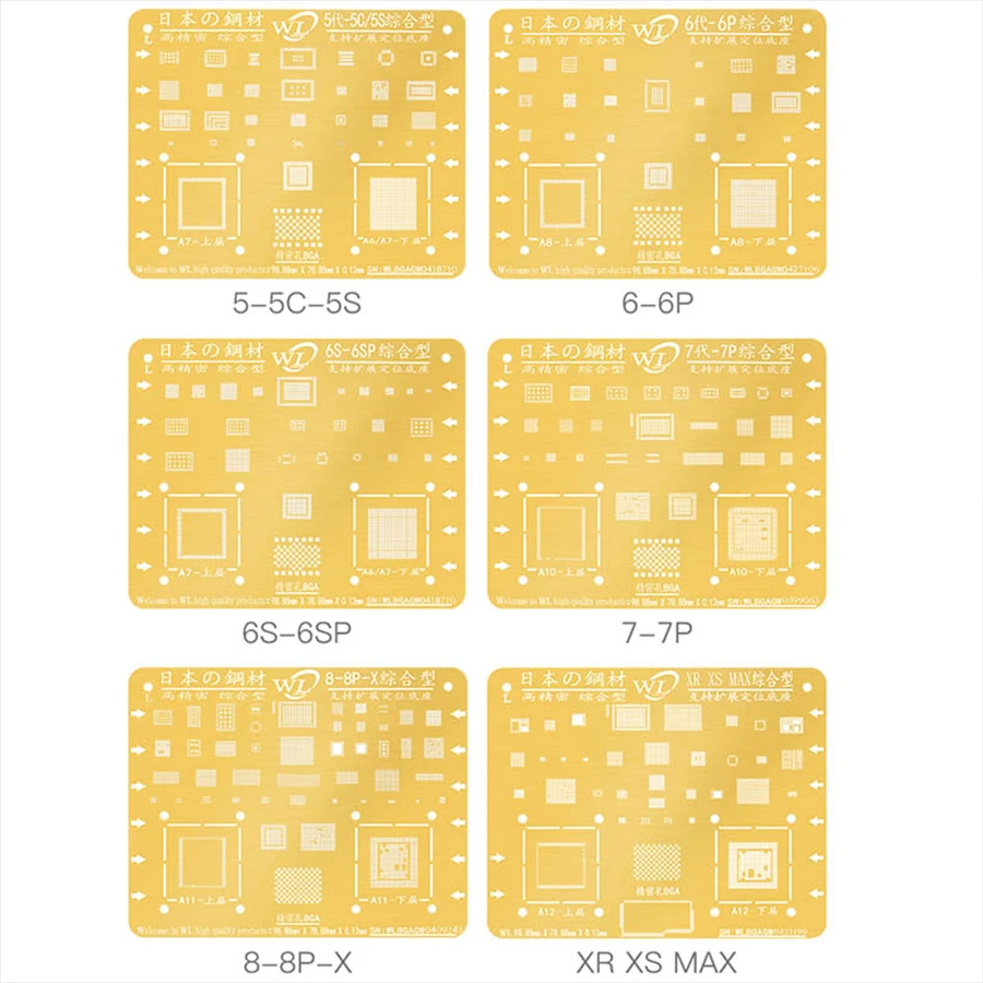 WL Golden BGA Reballing Stencil Kit 0.12mm Thickness Tin Mesh Solder Template for iPhone XSMAX XS XR X 8 8P 7P 7 6P 6 5 5S