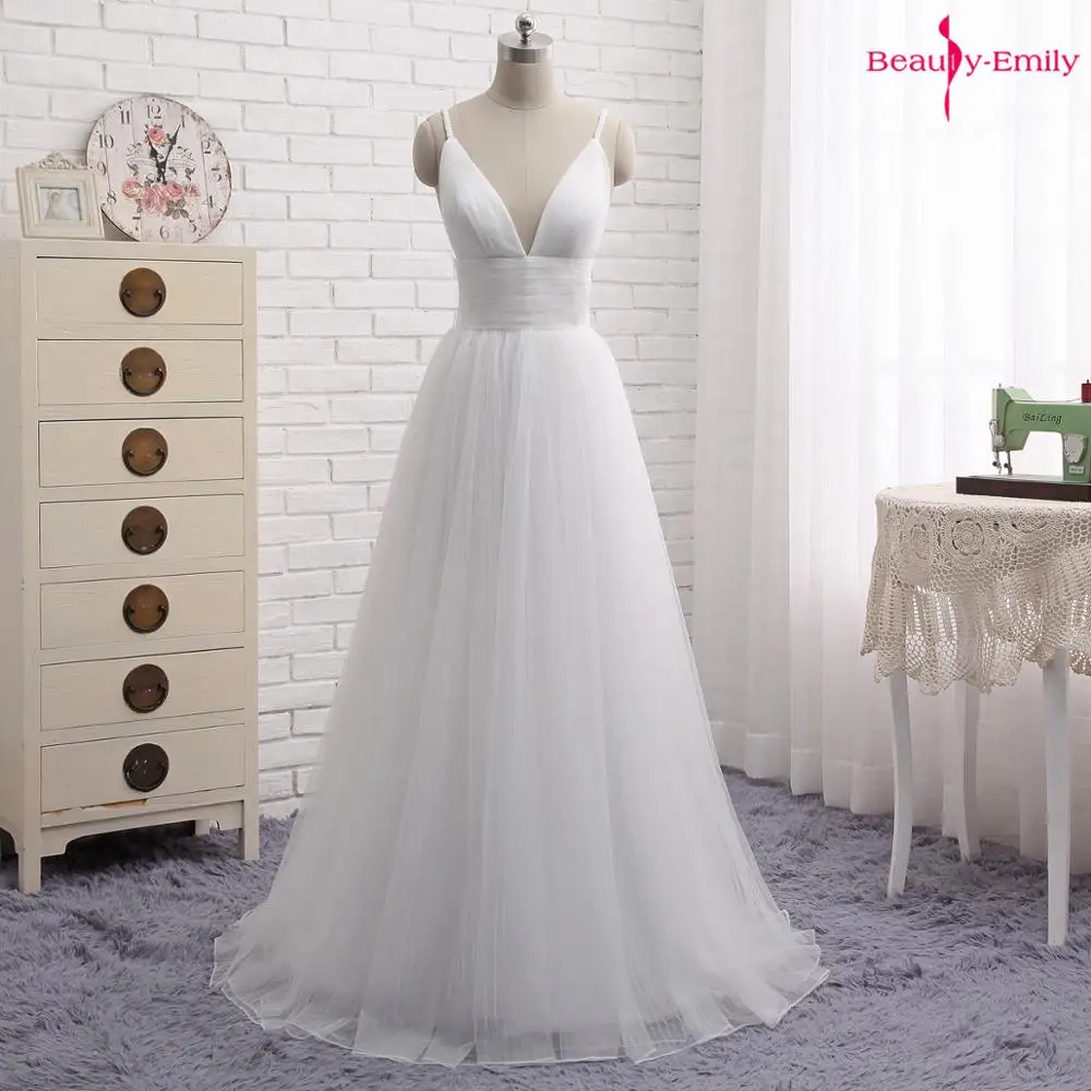 

Beauty-Emily Sexy V Neck Sling Evening Dress Long 2019 Tulle White Formal Dress Strapless Open Back Prom Gowns vestido de festa