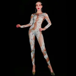 Sparkly AB Crystals White Printed Jumpsuit Women Sexy Leggings Birthday Party Outfit Nightclub Stage Performance Dance Costume