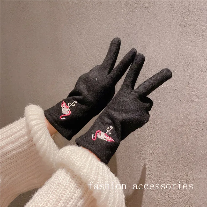 Guantes de cachemir para mujer, manoplas elegantes con bordado de flamenco y pantalla táctil, suaves y a la moda, mantienen el calor, invierno