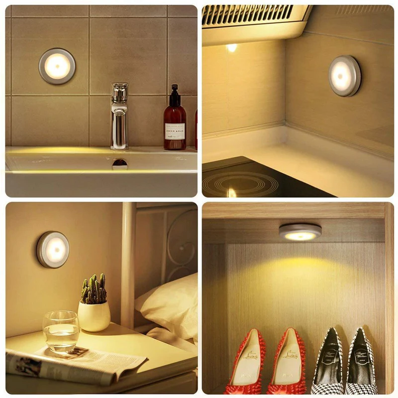 6LEDs Round Sensor Lights Wall stairs Night Lamp PIR Motion Sensor Induction Closet light for under cabinet bedroom kitchen