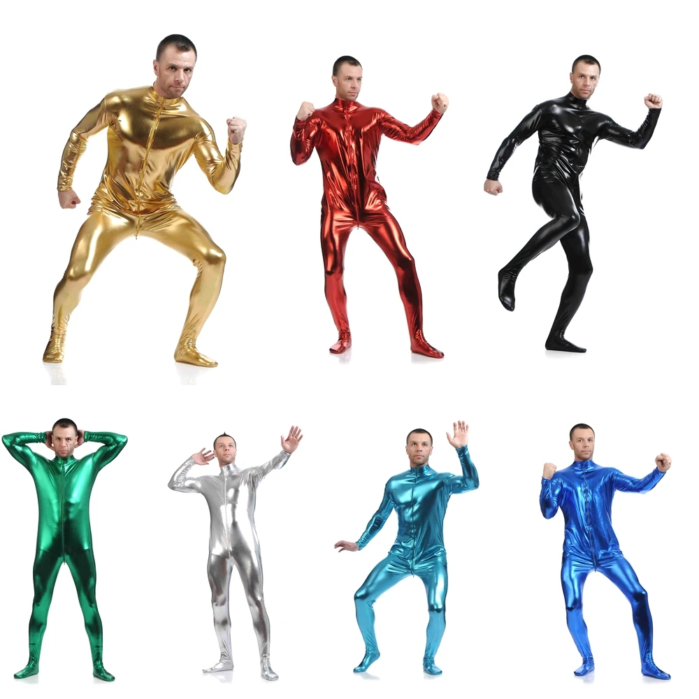 Full Body Spandex Suit Glanzend Metallic Zentai Kostuums Cosplay Headless Huid Strakke Catsuit Halloween Volwassen Mannen Bodysuit Unisex