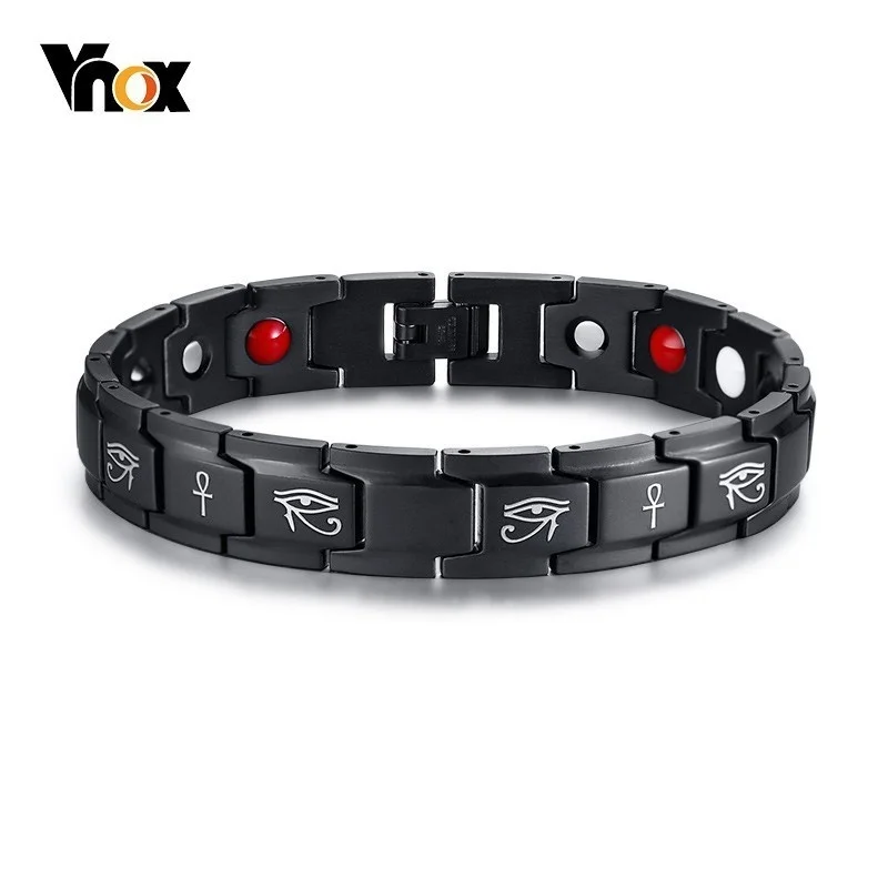 Vnox Vintage Eye of Horus Ankh Cross Energy Bracelets for Men Healthy Black Stainless Steel Therapy pulseira masculina