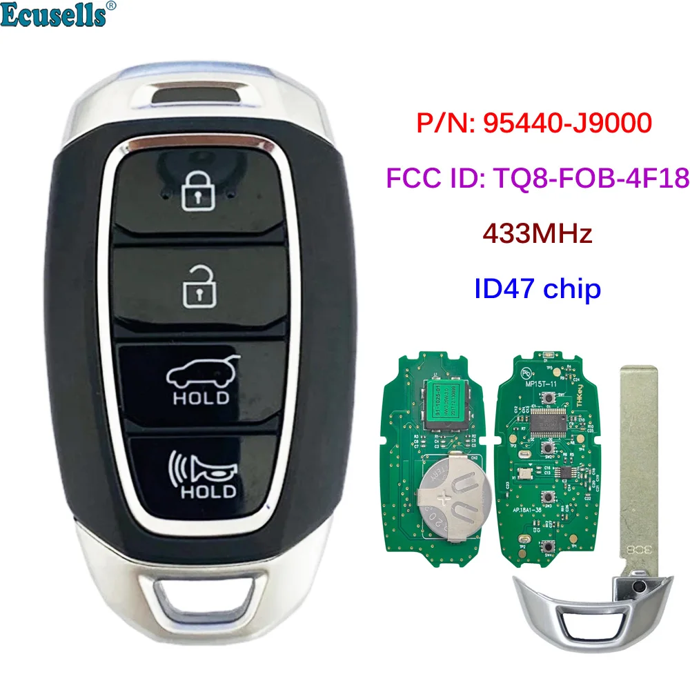 

4 Button Smart Remote Car Key Fob 433MHz ID47 Chip for Hyundai Kona 2018 2019 2020 P/N: 95440-J9000 FCC ID: TQ8-FOB-4F18