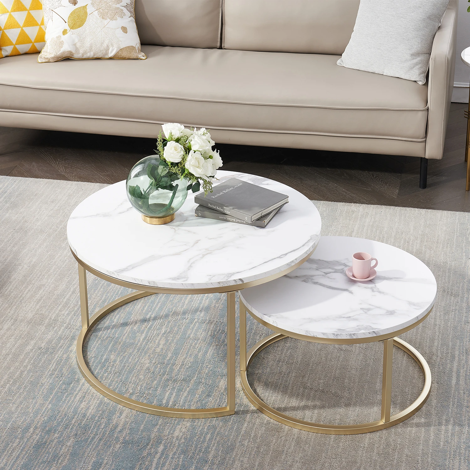 EGOONM 2 Stück moderner Couchtisch mit Marmorstruktur für Wohnzimmer, Sofa, seitlicher runder Couchtisch, 2-in-1 – Detail 6