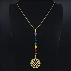 7 Chakra Yoga Flower of Life Necklace Lotus Buddhas Moon Carved Gem Stone Beads Necklaces Reiki Healing Balancing Maxi Jewelry