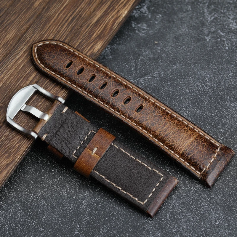 Hand-Made Leather Watchband Suitable For PAM111 441 Italian Top Layer Leather Strap, Oil Wax Leather 20 22 24 26MM Male Strap