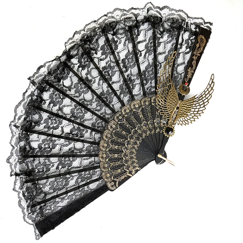 

Gothic Lolita Black Lace Hand Fan Victorian Dancing Party Angel Wings Photographic Prop Folding