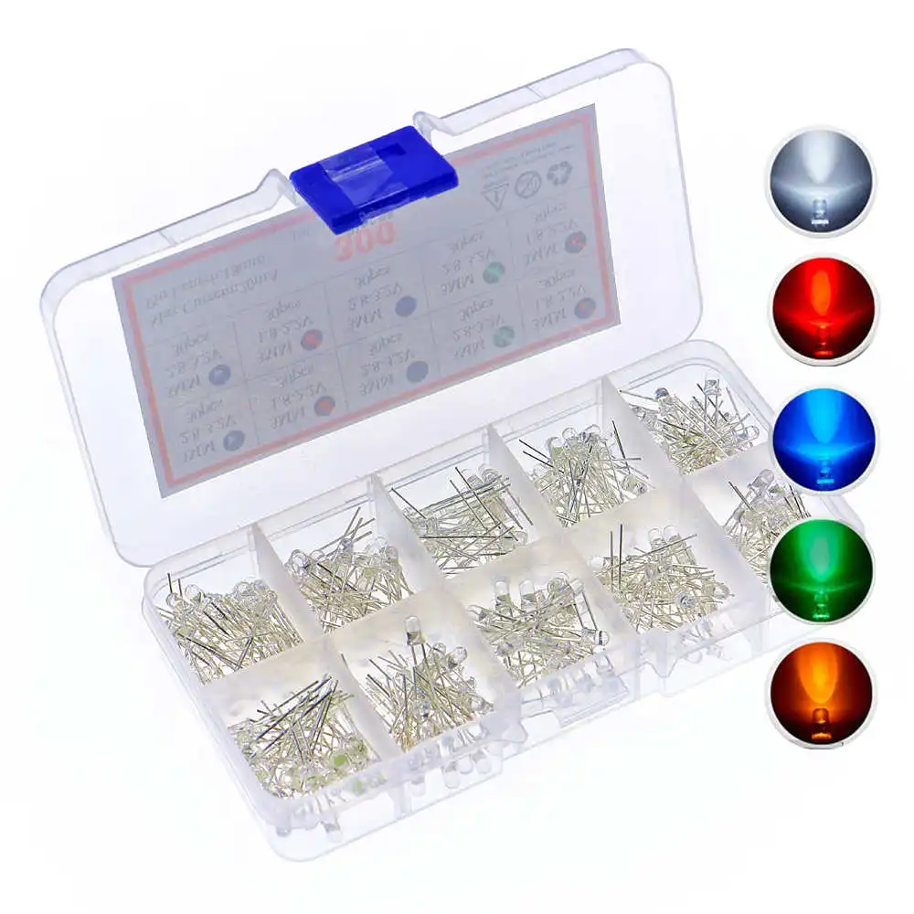 300pcs/Box 3MM 5 Color Assortment Round Clear Bright LED Light Emitting Diodes Lamp set