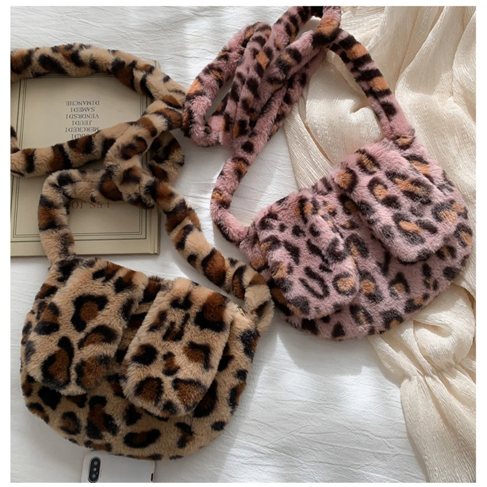 Leopard Print Faux Fur Women Shoulder Bag With Rabbit Ears Soft Winter Cute Plush Hand Bags For Women Fluffy Crossbody Bag Sac