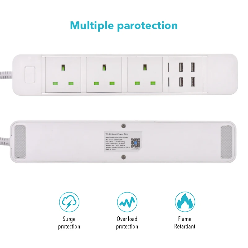 Wifi Smart Power Strip 3 UK Outlets Plug with 4 USB Fast Charging Port App Control Work with Alexa Google Home Assistant