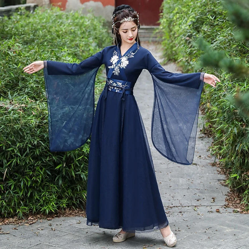 Women's Hanfu Chinese dresses cosplay fairy elegant gown ancient style female Classical Folk Dance stage wear blue costume