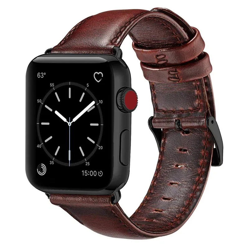 VIOTOO Black Bracelet Genuine Leather For Apple Watch Band 45mm 44mm 42mm 41mm Series 7 6 5 SE Watch Strap For iWatch Watchband