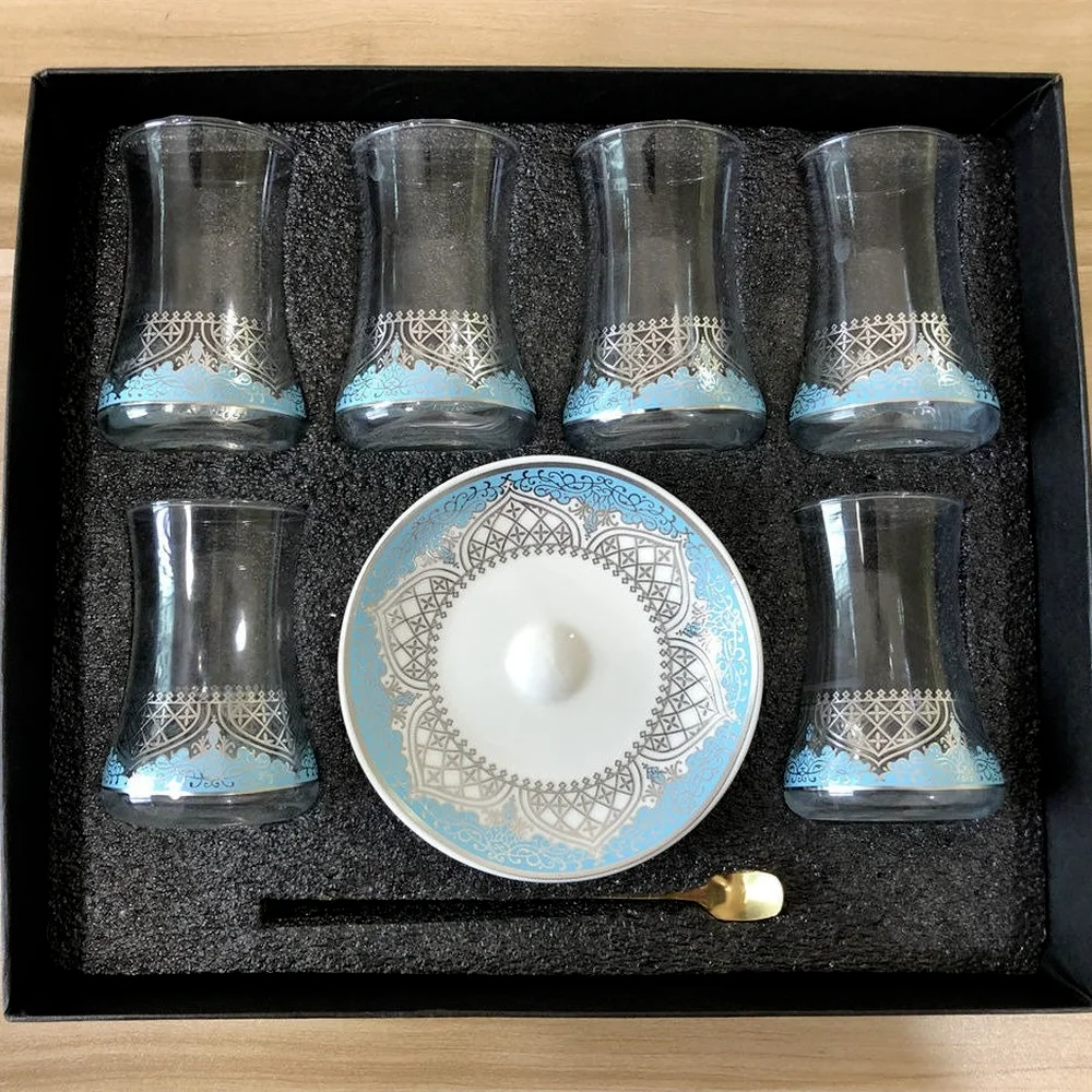 6 Sets Turkish Tea Glasses Cups Set Saucers with Spoon Coffee Cup Romantic Exotic Glass Tea Cup Kitchen Decoration Gift Box