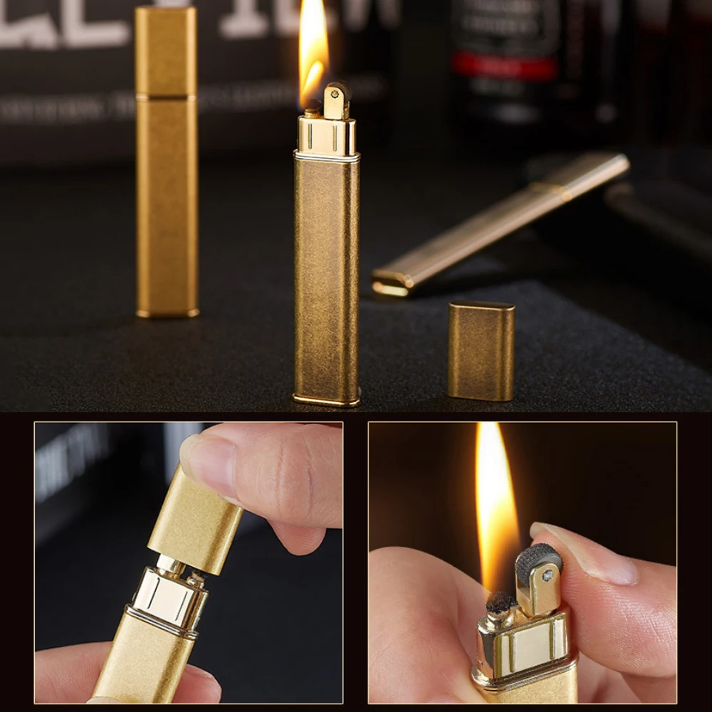 Long Metal Portable Kerosene Lighter Windproof Gasoline Lighters Gadgets For Men Ultrathin Vintage Brass Retro Petrol Lighters