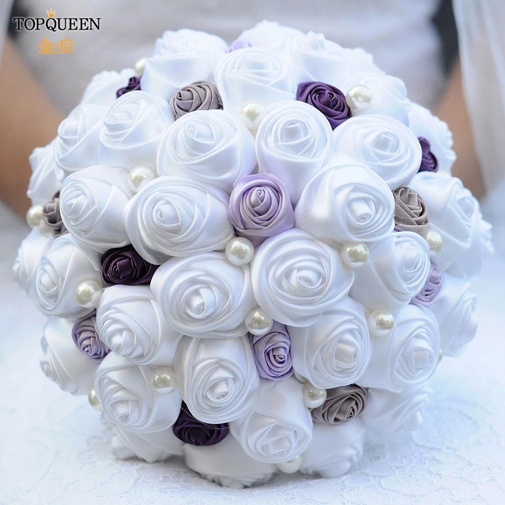 TOPQUEEN F5 Handmade Bouquet of Artificial Flowers Wedding Purple Bouquet  Burgundy Flowers White Bouquet Wedding Brooch Bouquet