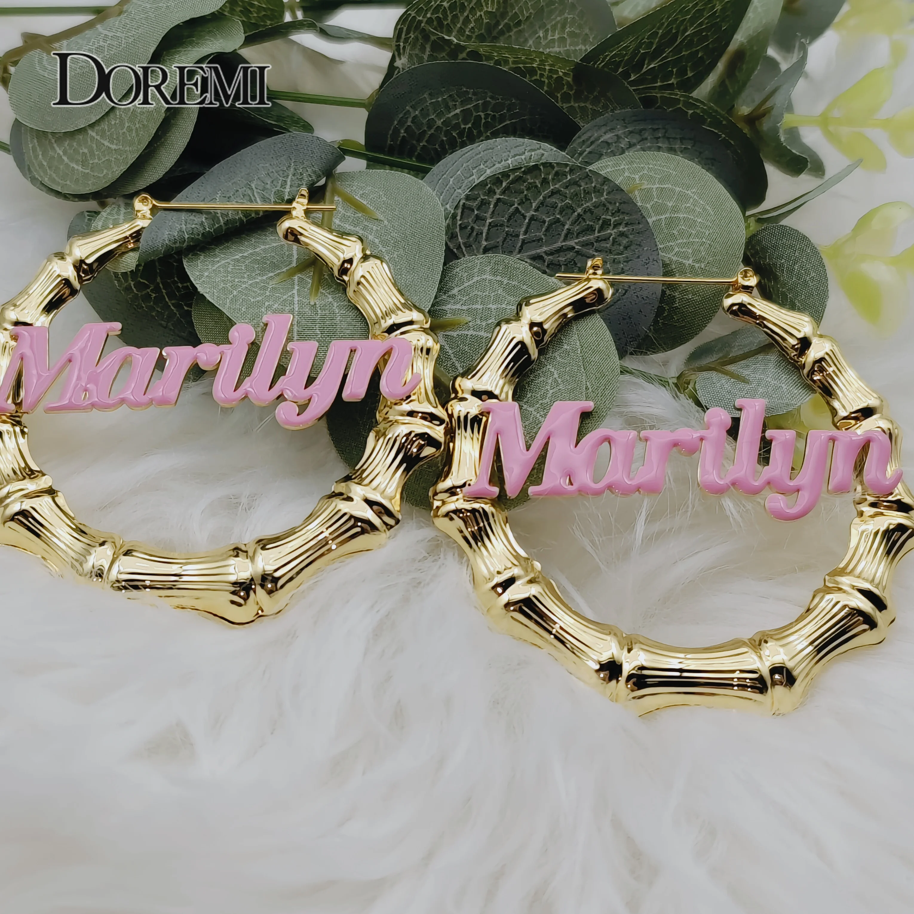 DOREMI Stainless Steel 30-100MM Custom Name Earrings Personalized Enamel Bamboo Big Earrings  Design for Women Hiphop Jewelry
