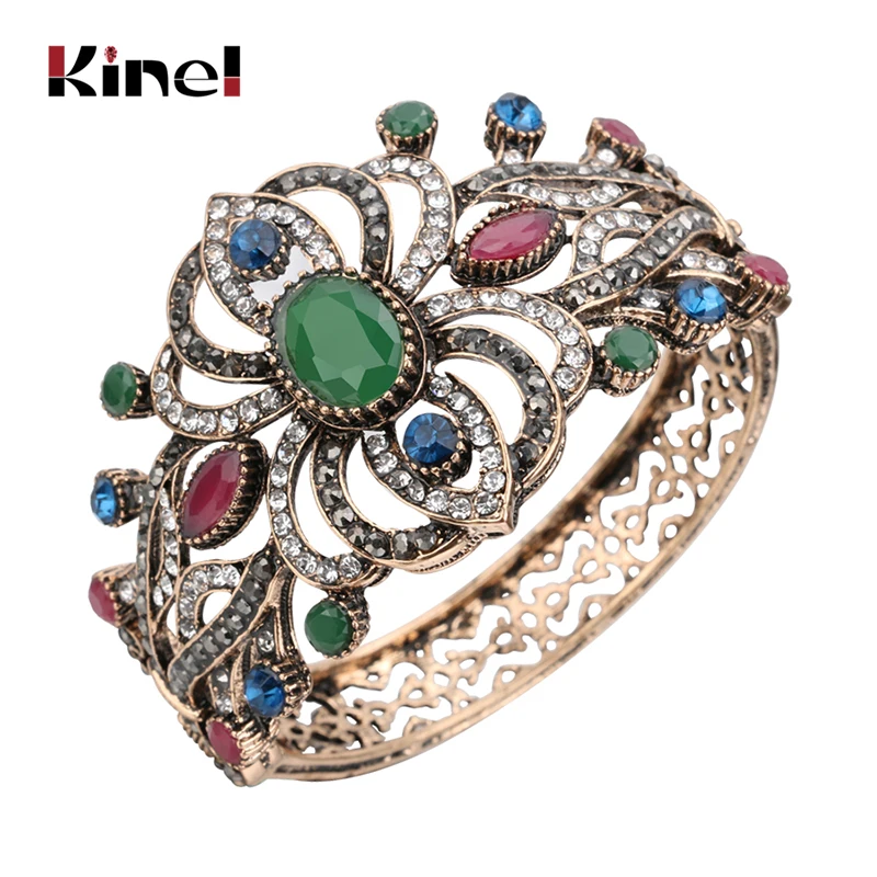 Hot 2017 Charm Big Bracelet For Women Colorful Resin Antique Gold Color Turkish Jewelery Crystal Flower Bracelet Christmas Gift