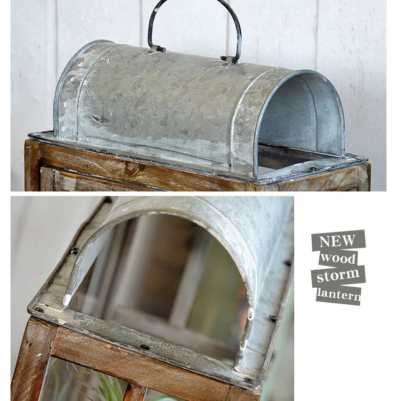 Handcrafted Vintage Lantern, Decorative Candle Holder, Hurricane Glass, Wood Framed Zinc Top