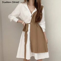 Chic Khaki Dress Women Lace-up Long-sleeve Woman's Clothing Turn-down Neck Color Matching Korean Fashion Bodycon Dress