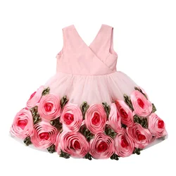 Girls Dress Elegant 3D rose Princess Children Party Dress Wedding Gown Kids Dresses for Girls Birthday Party Dress Vestido Wear