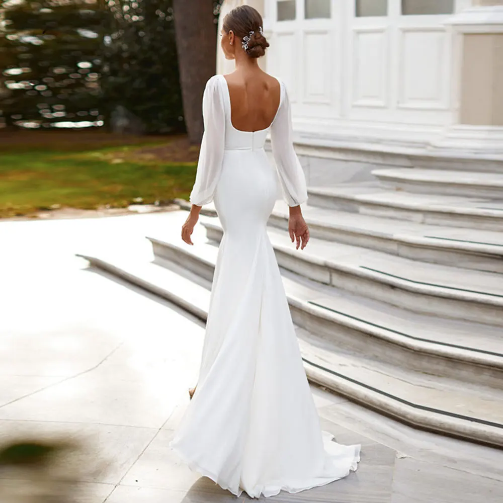 Robe De mariée sirène en mousseline De soie, manches longues, fente latérale, robe De plage blanche, Simple et élégante, sur mesure