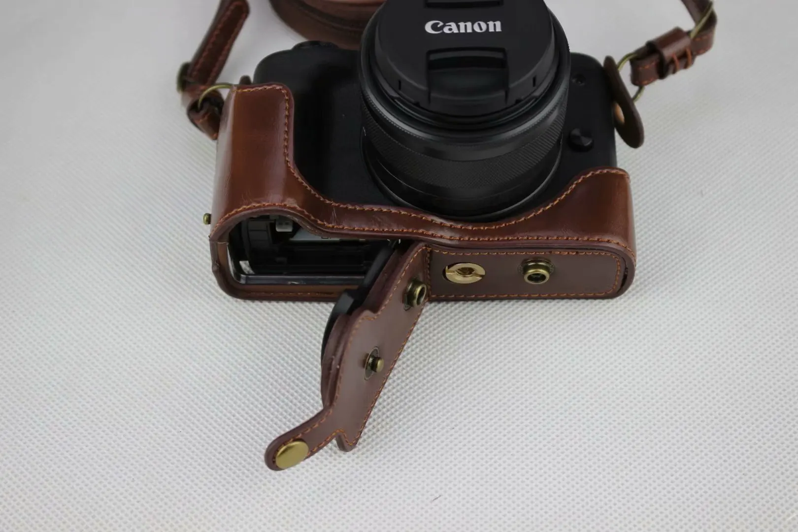 Luksusowy Pu skórzany futerał do aparatu torba do Canon EOS M50 M50 Mark II EOSM50 z 15-45mm obiektyw otwarta pokrywa baterii + pasek + Mini etui