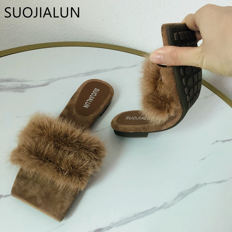 SUOJIALUN 2020 Hot Women Furry Slippers High Quality Plush Real Hair Fluffy Sandals Comfortable Soft Sole Winter Warm Fur Slides