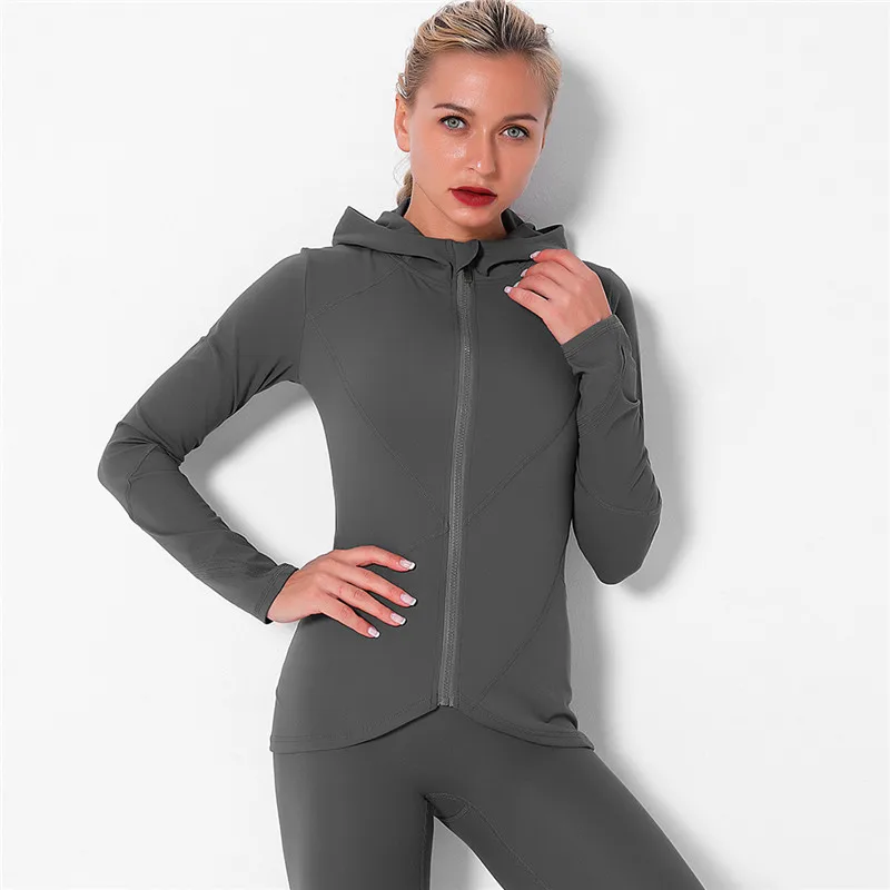 

Gym Women Yoga Shirt Long Sleeve Hooded Zipper+Thumb Holes Sport Absorb Sweat Quick Dry Workout Tops Fitness Running Sportswear