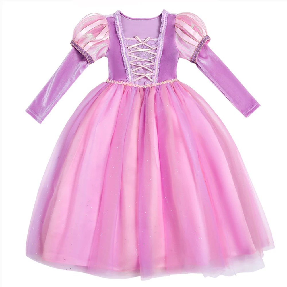 Vestido de Rapunzel para niñas, disfraz de Halloween enredado, cumpleaños, manga larga, tutú rosa, Estilo Vintage, Princesa, peluca