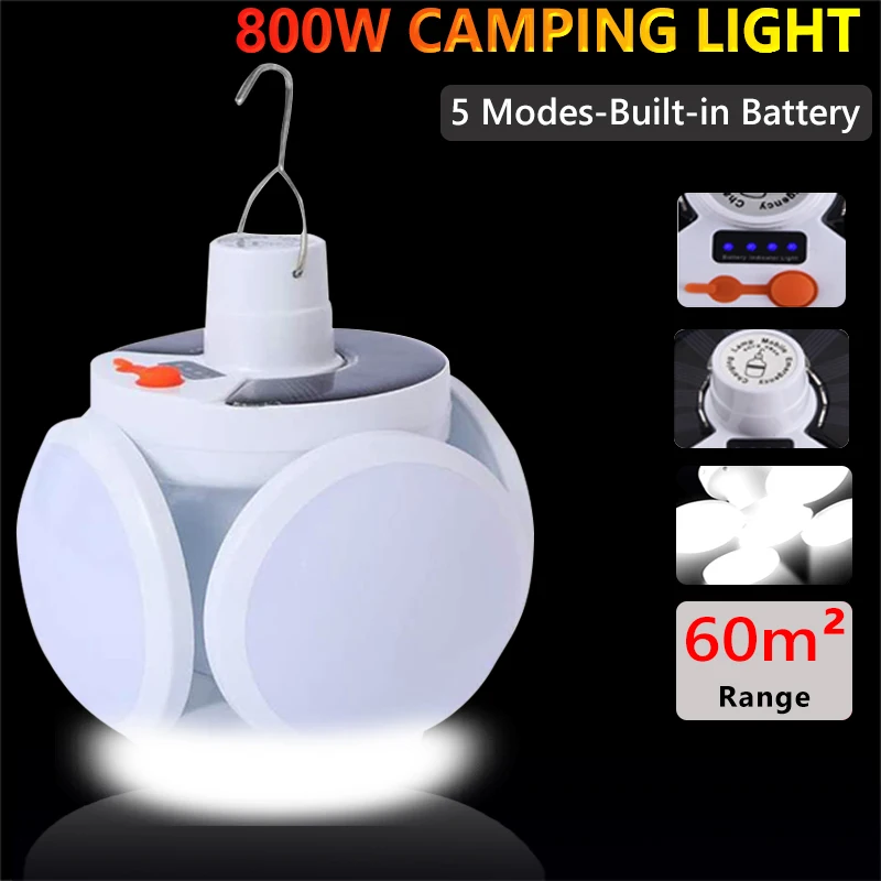 800W Solar LED Torch USB Rechargeable Night Light Outdoor Camping Lamp Emergency Lights Portable Searchlights Great Lantern Bulb