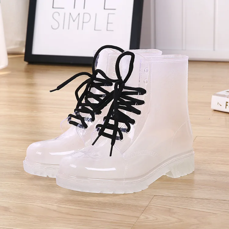 Women Rain Boots Mature Lady Lace Up Waterproof Lady Shoes Transparent Candy Colors Ankle Outdoor Girl\'s Shoes dfc3