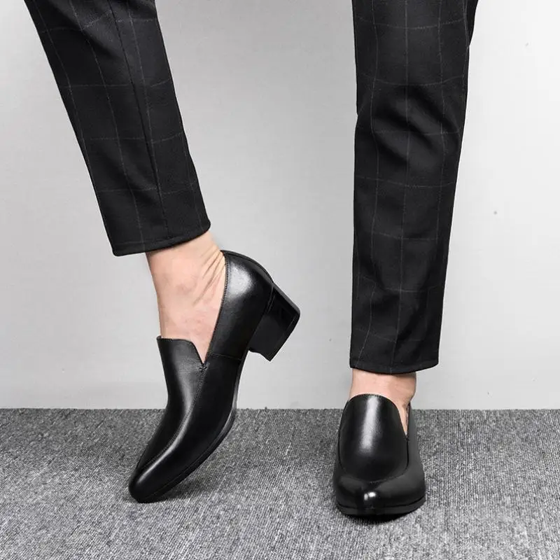 Mens High Heel Men Shoes Black White Genuine Leather Wedding Dress Shoes Pointed Toe Slip On Business Office Work Heighten Shoes