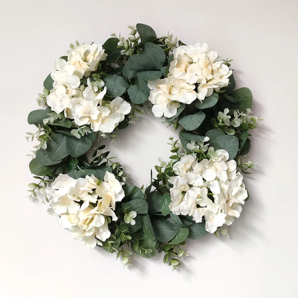 White Hydrangea Green Leaves Eucalyptus Garland Home Decor Artificial Flower Wreath For Wedding Decoration Christmas Ornament - Image 2