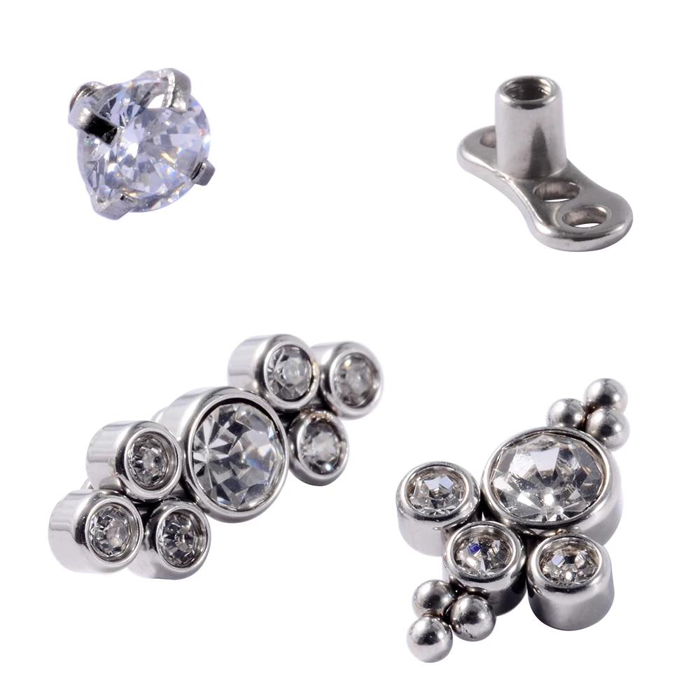 CHUANCI 1Pc Titanium With Clear/Rainbow CZ Crystal Top Dermal Anchor Skin Diver Implants Body Piercing Jewelry 14G