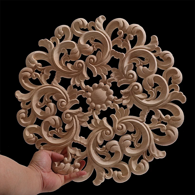 Round Flower Exquisite Carving Natural Wood Appliques Furniture Wooden Mouldings Vintage Unpainted Accessories Decoration Decal