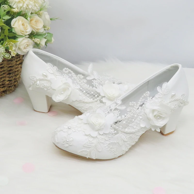 2024 New Customize  wedding shoes Bridesmaid Dress shoes Thick Heeled Med Heel Shoes white Lace shoes flower female shoes