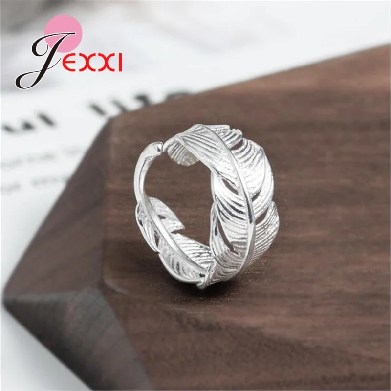 925 Sterling Silver Needle Original Ring Adjustable Feather Shape Open Finger Ring For Women Girls Birthday Party Silver Jewelry