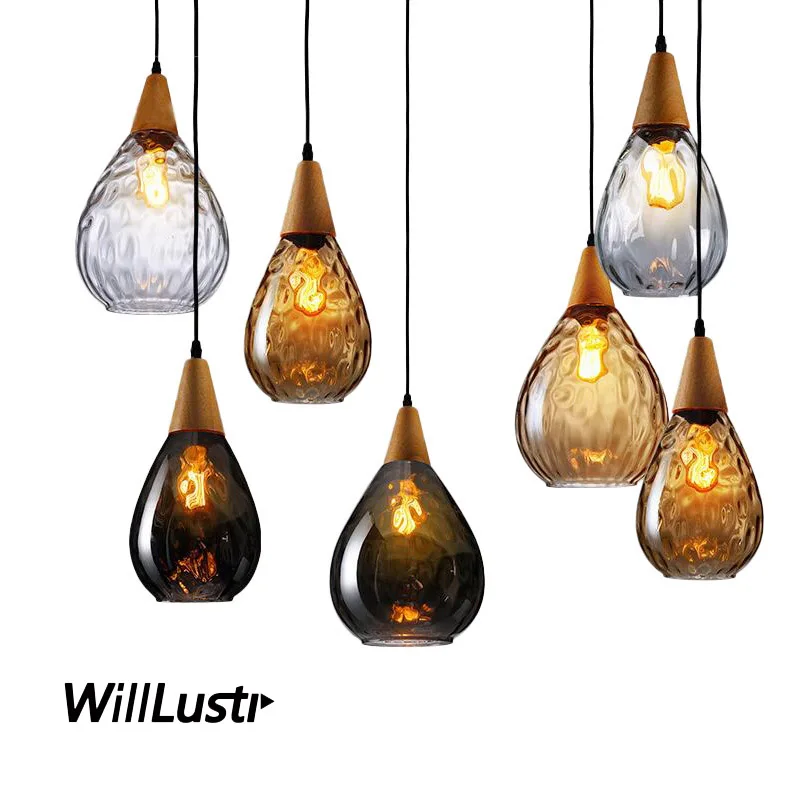 WaterDrop Pendant Lamp Clear Smoke Amber Aquatex Glass Suspension Light Hall Living Room Wood Hanging Ceiling Chandelier