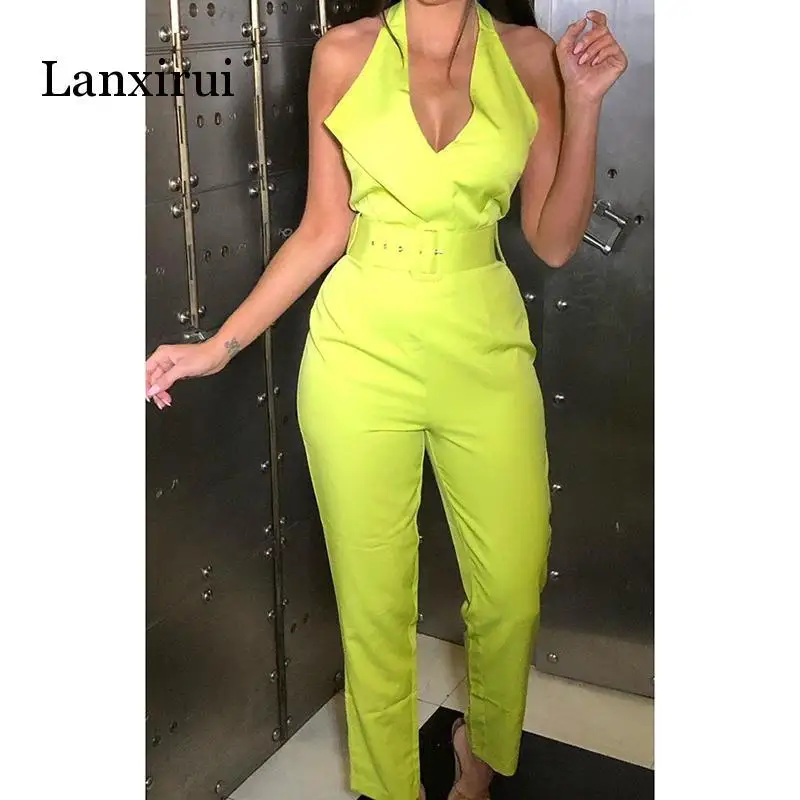 Belted halter jumpsuit for women  Sleeveless high waist pants long jumpsuits Sexy v neck rompers bodysuit womens overalls