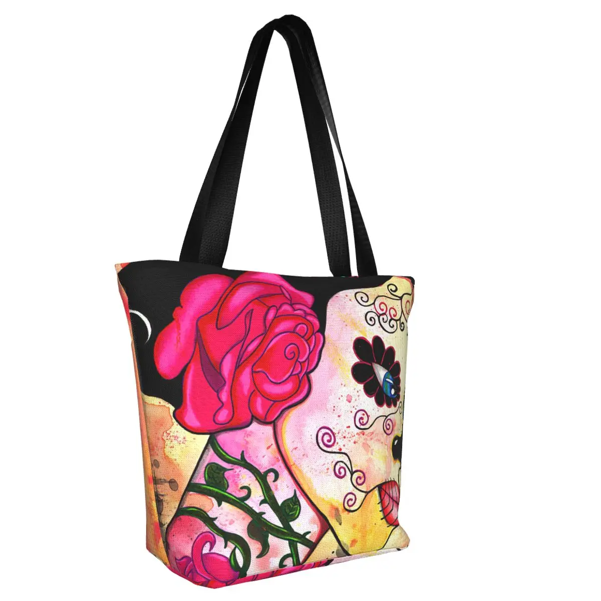 Mexican Skull,Rose Noose Shopping Bag Aesthetic Cloth Outdoor Handbag Female Fashion Bags