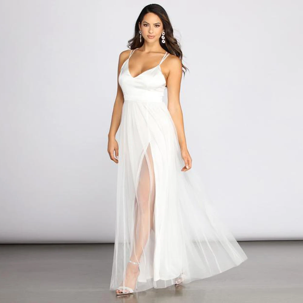 White Long Prom Party Dress V Neck Satin Patchwork Mesh Split Backless Cross Straps Sleeveless