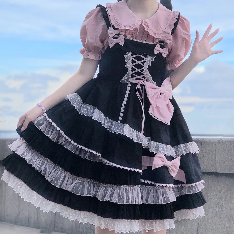 Fabryka oryginalny Design słodka dziewczyna sukienka Lolita wewnętrzny rękaw odpinany do koszuli Top letnia odzież kawaii spódnica lolita